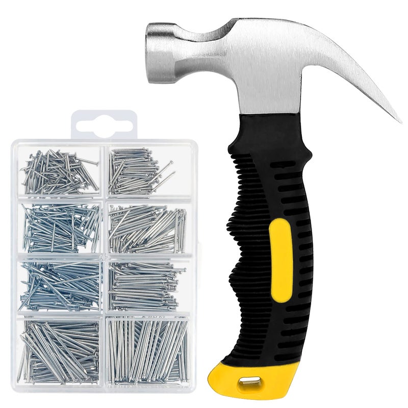 KURUI 700PCs Nails Assortment Kit & 8oz Hammer, Small Hammer for Hanging Wall Art Decor, Picture Frame, 350 Roofing/Wall Nails & 350 Finishing Nail - Image 1